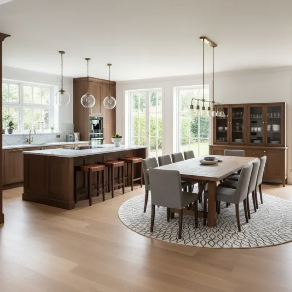Modern kitchen and dining furniture set featuring a stylish dining table and comfortable chairs, ideal for family meals and entertaining guests.