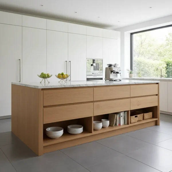 Modern kitchen island bench with integrated storage, featuring white cabinets and drawers for organization and seating.