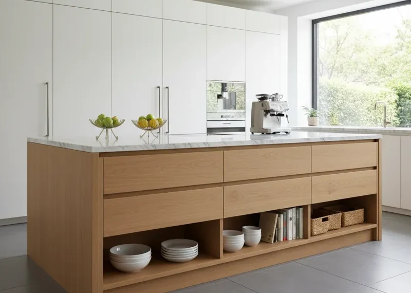 Modern kitchen island bench with integrated storage, featuring white cabinets and drawers for organization and seating.