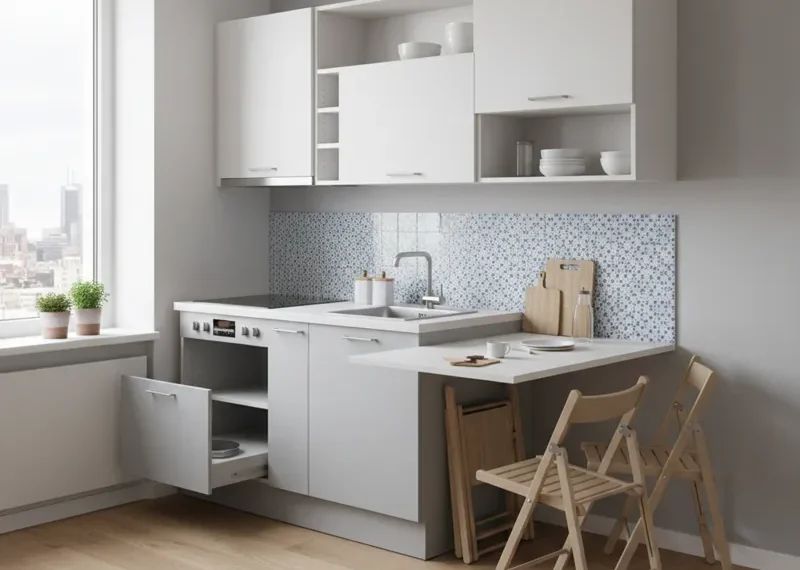 Space-saving kitchen furniture for small apartments, featuring compact cabinetry, multi-functional island, and smart storage solutions for modern efficient kitchens.