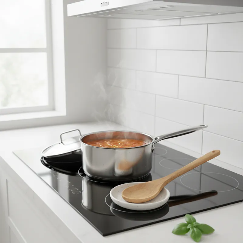A clean, modern kitchen stovetop with a stylish spoon rest holding a wooden spoon next to a simmering pot.