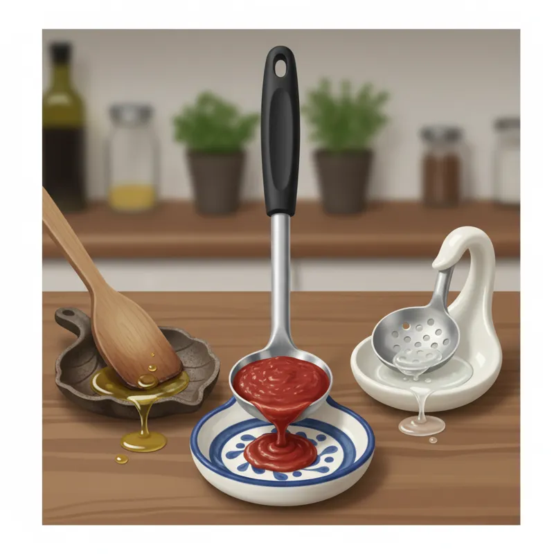 A close-up shot of various kitchen spoons (ladle, spatula, slotted spoon) resting on different types of spoon holders, showing drips being contained.