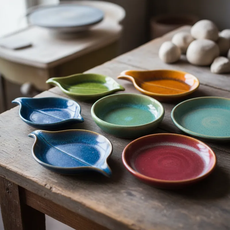 A collection of beautifully glazed ceramic spoon rests in various colors and traditional shapes.
