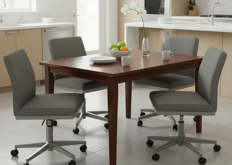Kitchen table with four chairs on wheels, designed for easy movement and flexible dining.