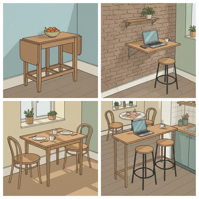 A collage featuring various innovative kitchen table types for small kitchens: a drop-leaf table in its compact and extended forms, a wall-mounted fol