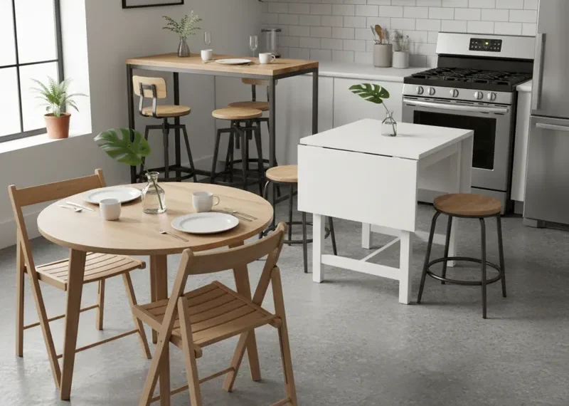Compact kitchen table with two chairs, ideal for small kitchens and apartments. Features a space-saving design for efficient dining.