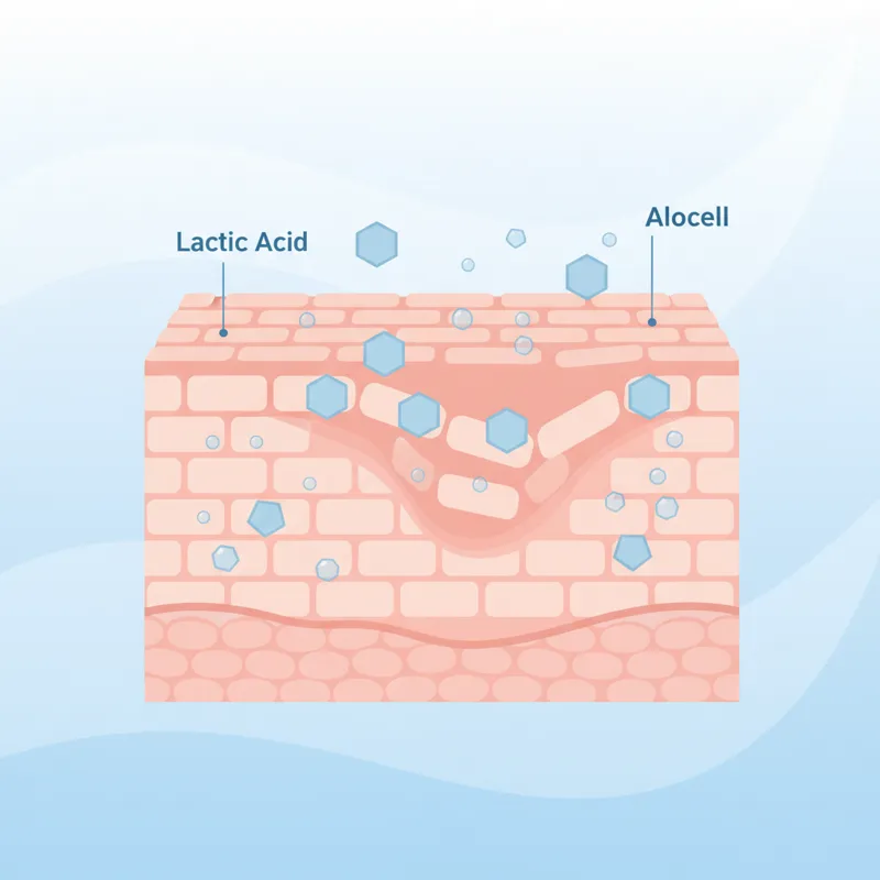 An infographic-style image illustrating the skin barrier and how lactic acid molecules (represented by small, distinct shapes) interact with the very