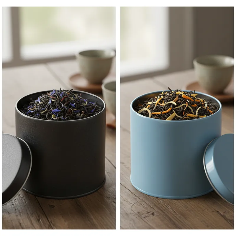 A side-by-side comparison shot. On the left, a dark tin labeled