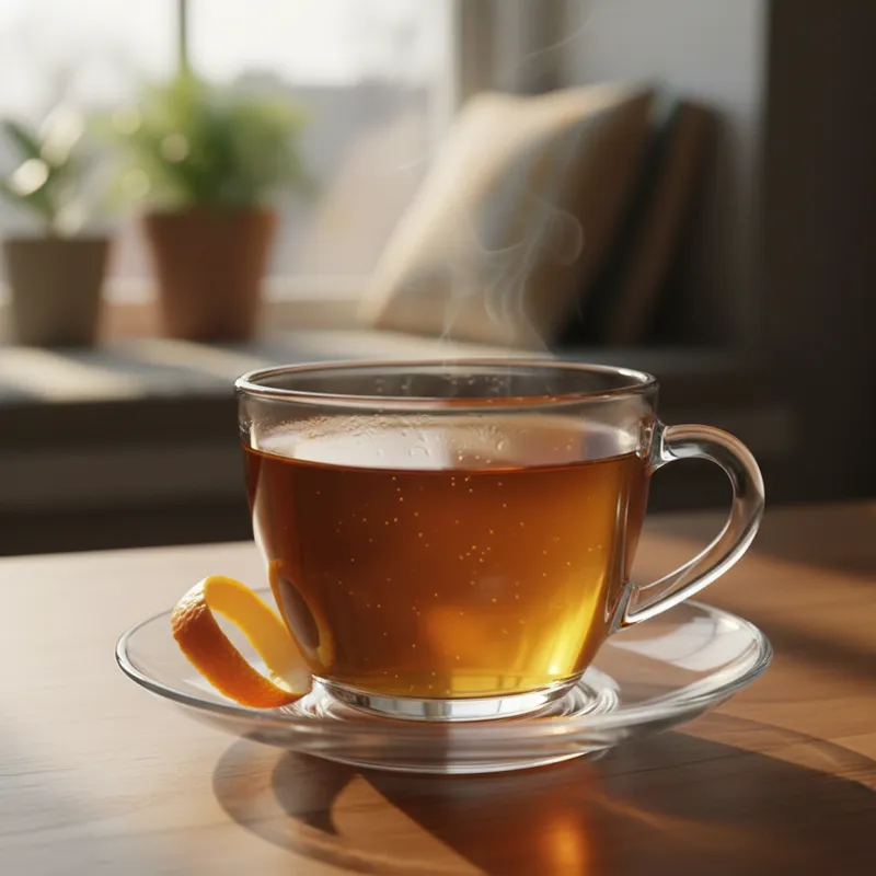 A beautiful, clear glass teacup filled with amber-colored Lady Grey tea. A curl of orange peel rests on the saucer next to the cup. Sunlight streams i