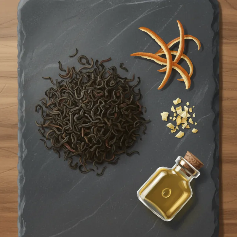 An overhead shot of the separate ingredients for Lady Grey tea on a slate board: a small pile of loose black tea leaves, a few dried orange peel curls