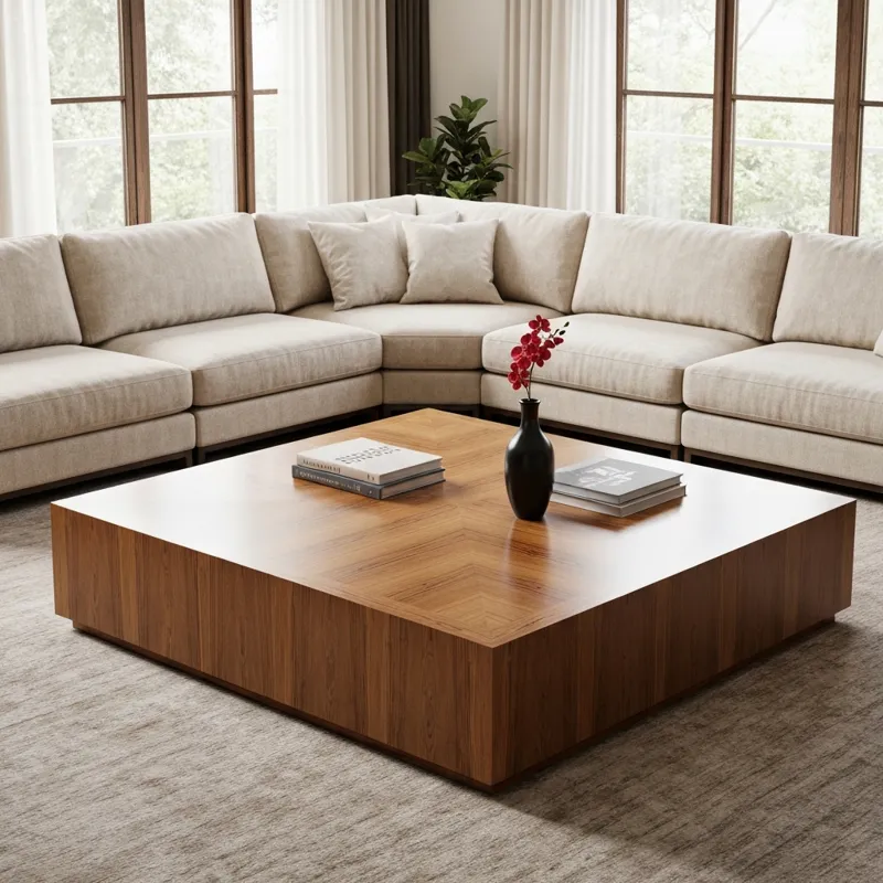 A beautifully styled, large square wooden coffee table in a spacious living room with a large L-shaped sectional sofa. The room is bright and airy wit