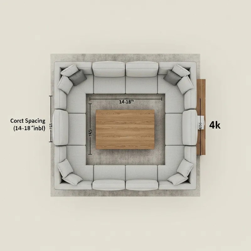 An overhead diagram showing a U-shaped sectional with a large rectangular coffee table, illustrating the correct spacing (14-18 inches) between the so