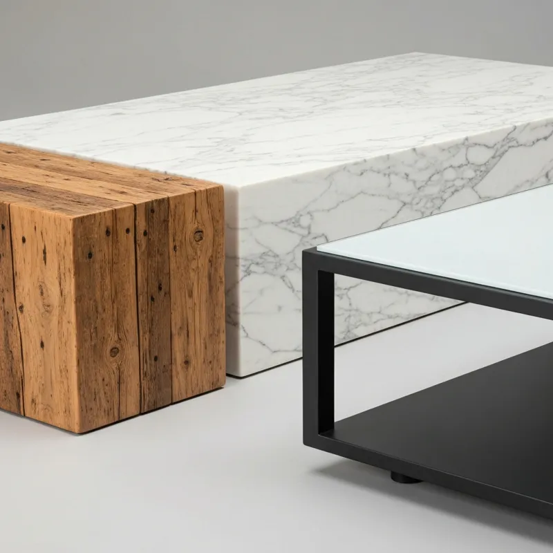 A close-up shot showcasing the different textures of three large coffee tables side-by-side: one in reclaimed wood, one in polished marble, and one wi