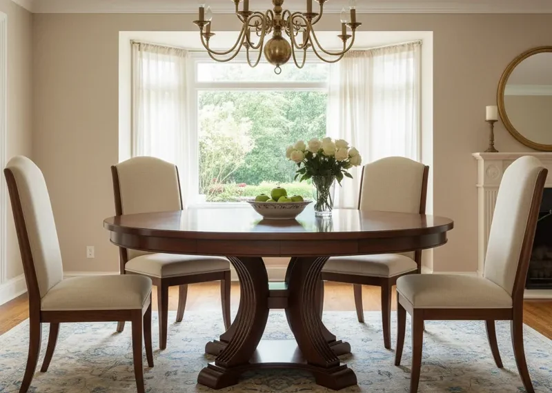 Elegant large pedestal dining table, perfect for spacious dining rooms and family gatherings. Round or oval design with a sturdy single base.