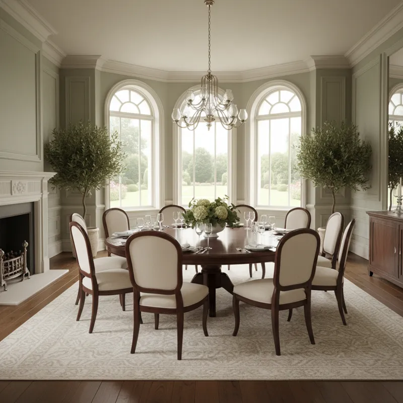 A wide shot of an elegant, spacious dining room featuring a large round dining table set, possibly seating eight or ten people. The room has good natu