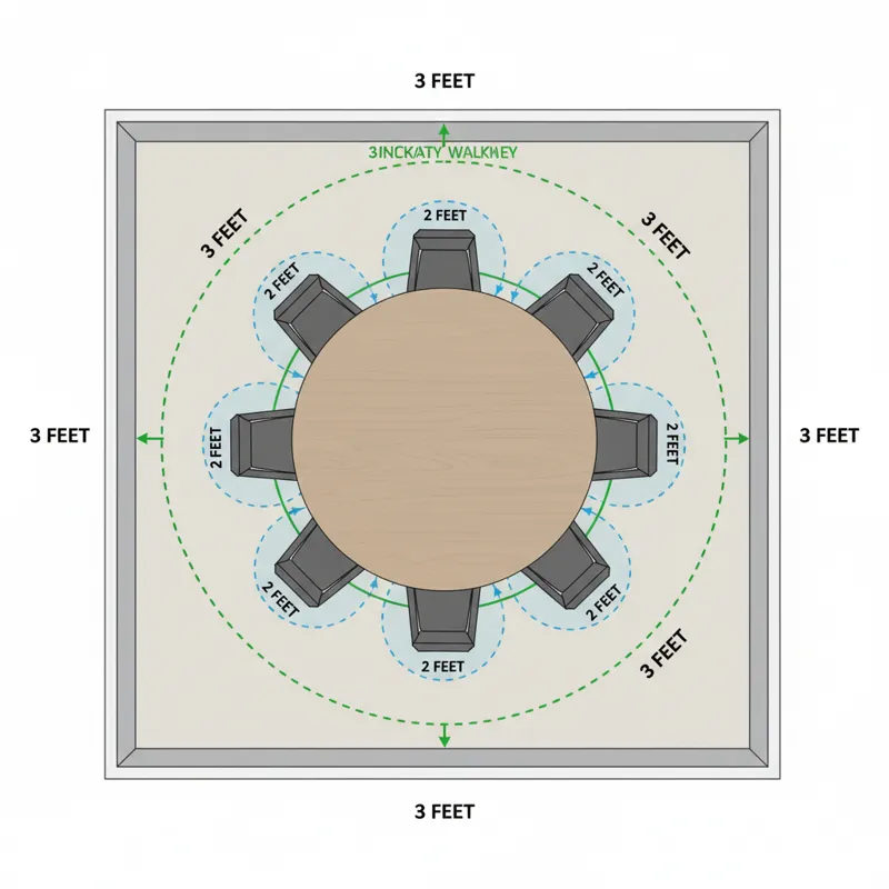 An architectural top-down view diagram showing a dining room layout with a large round dining table, illustrating recommended clearances for chairs an