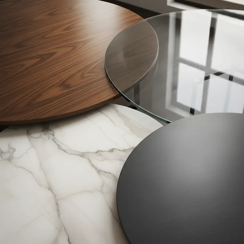 A collage of close-up textures and finishes for various large round dining table materials: a polished wood grain, the reflective surface of glass, th