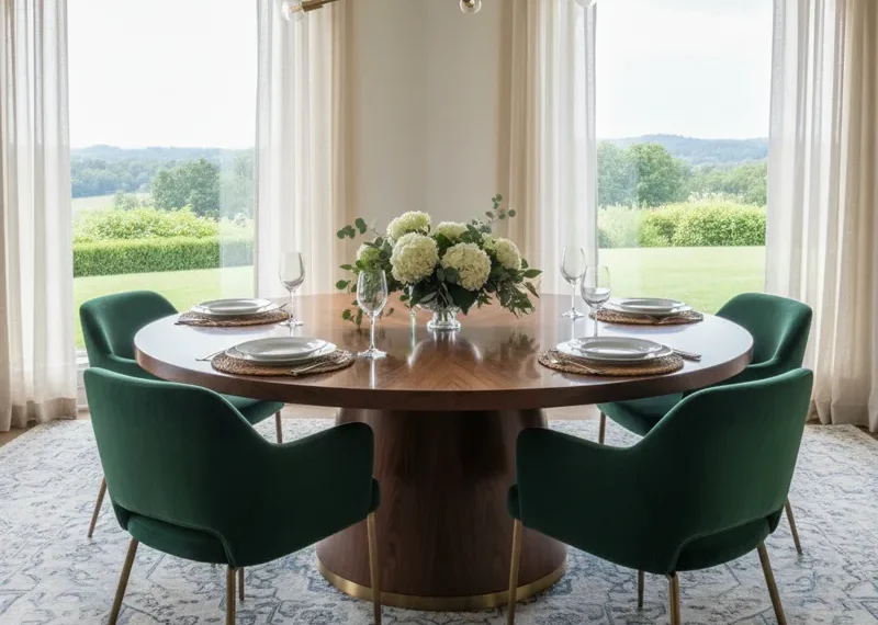 A large round dining table set with six upholstered chairs, featuring a modern design and a spacious surface for family meals and entertaining.