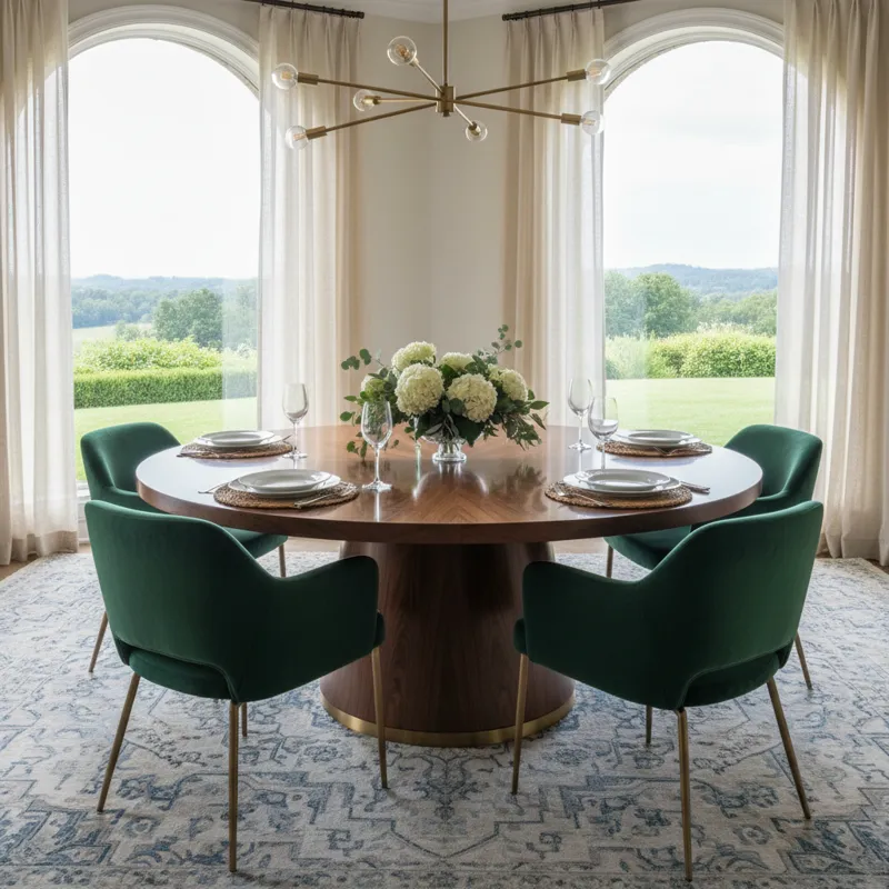 A large round dining table set with six upholstered chairs, featuring a modern design and a spacious surface for family meals and entertaining.
