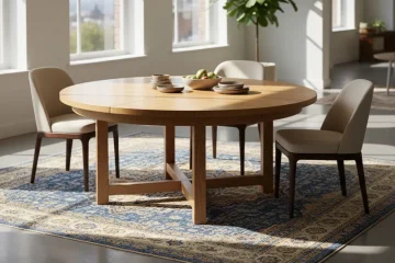 Large round extendable wooden dining table with six chairs in a modern dining room setting.