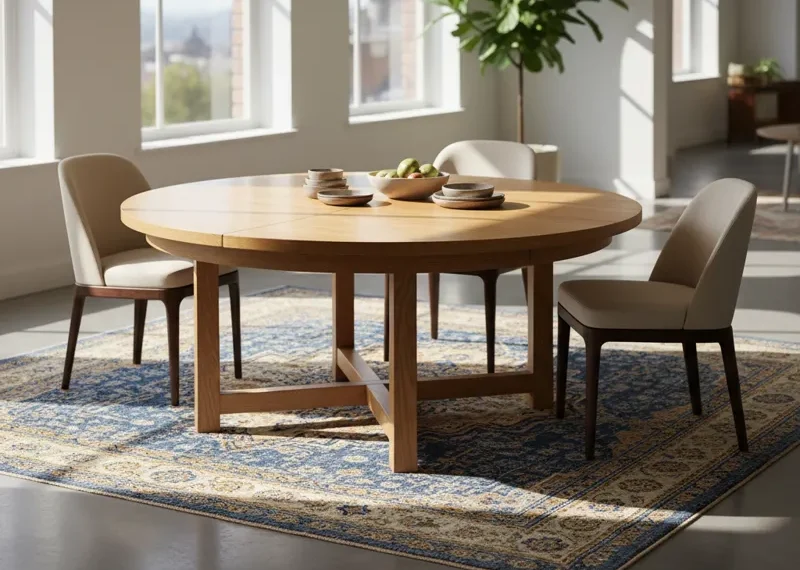 Large round extendable wooden dining table with six chairs in a modern dining room setting.