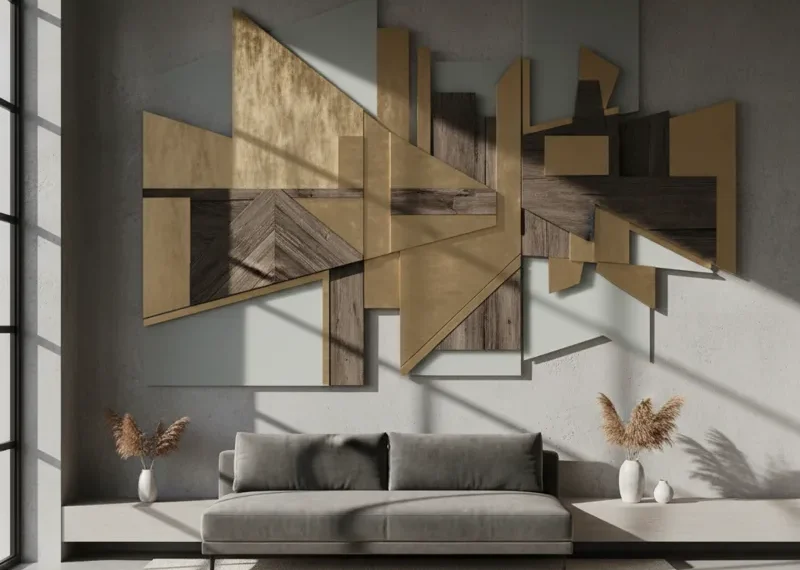 Large abstract modern wall art in black and white hues above a sleek gray sofa in a contemporary living room, featuring minimalist decor and a high ceiling.