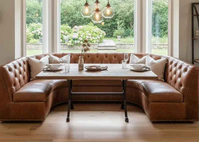 Luxurious leather dining banquette, custom-built with tufted upholstery, integrated into a modern kitchen dining area.
