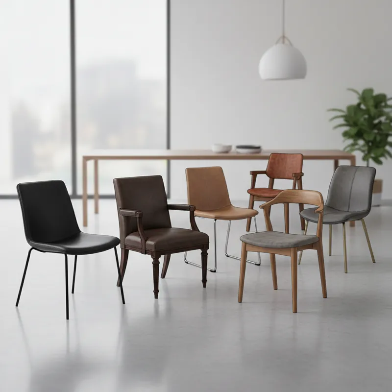A diverse collection of six leather dining chairs in various styles (modern, traditional, mid-century), colors (black, brown, grey), and frame materia