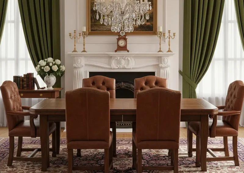 Set of 6 modern brown leather dining room chairs with high backs and dark wooden legs arranged around a dining table.