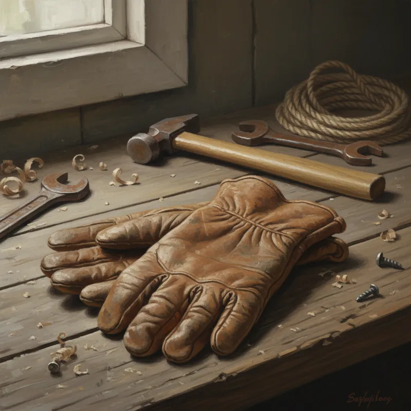 A pair of classic, well-worn leather work gloves resting on a workbench, symbolizing durability and timeless utility.