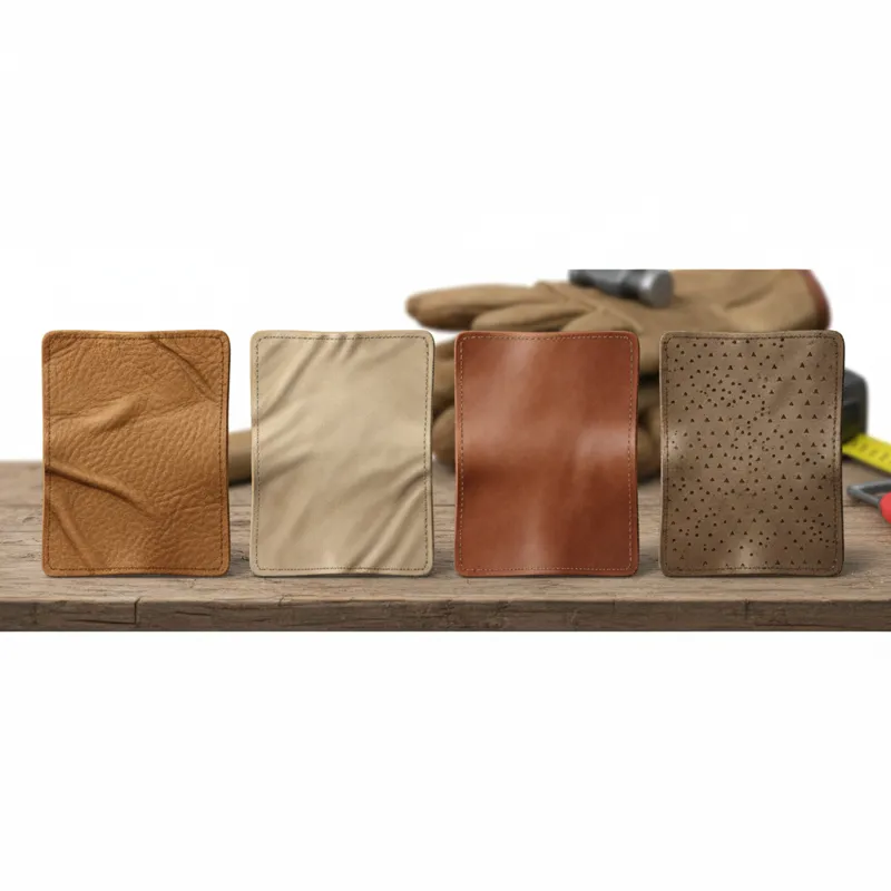 A comparative display of different leather swatches for work gloves, clearly showing cowhide, goatskin, deerskin, and pigskin textures side-by-side.
