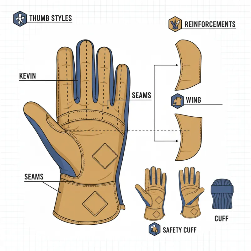 An infographic-style image detailing different parts of a work glove, highlighting seams, thumb styles, cuffs, and reinforcements with labels.