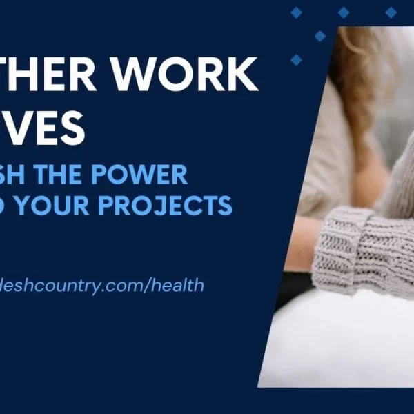 Promotional graphic for Leather Work Gloves, featuring large white text 'LEATHER WORK GLOVES' and a light blue tagline 'UNLEASH THE POWER BEHIND YOUR PROJECTS' on a dark blue background. To the right, a close-up shows hands wearing grey knitted mittens holding a snowball in a blurry, snowy outdoor setting. The website 'www.bangladeshcountry.com/health' is also visible on the blue background.
