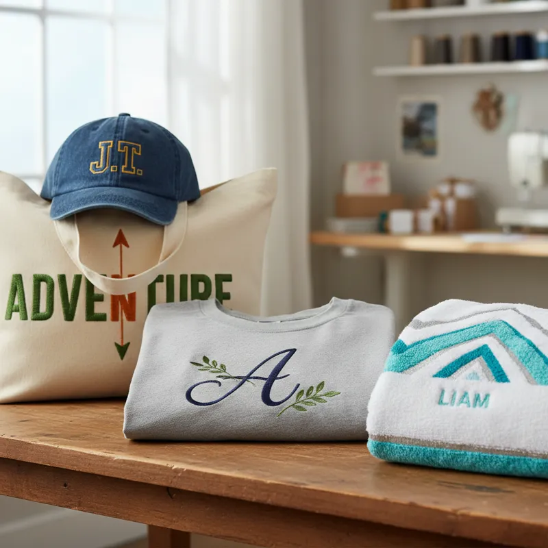 A collection of various items—a t-shirt, a tote bag, a cap, and a towel—all featuring different styles of letter embroidery, highlighting personalizat