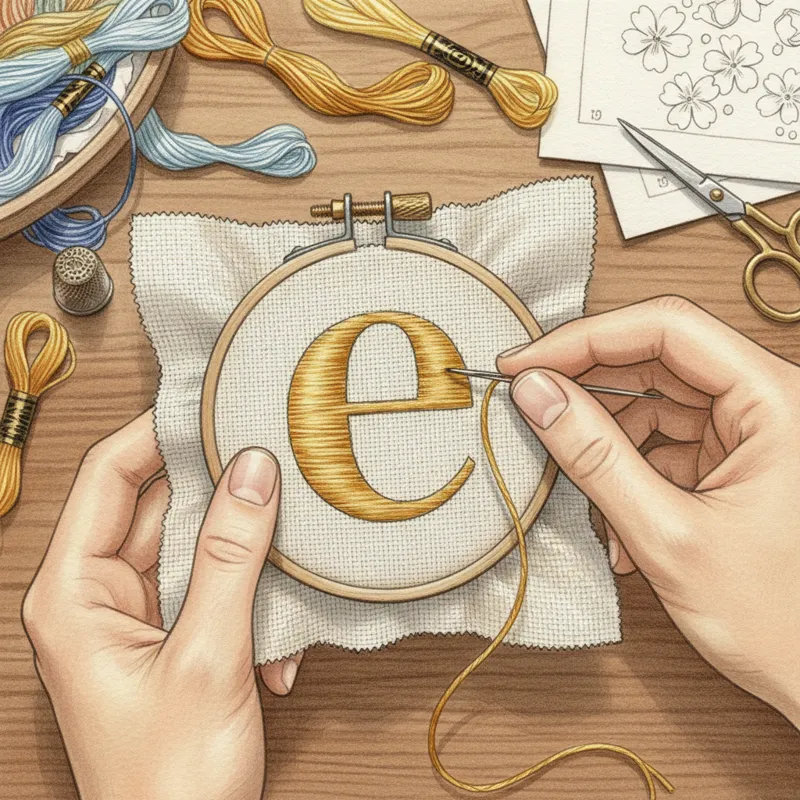 Hands holding a small embroidery hoop, demonstrating a skilled individual meticulously performing a satin stitch on a pre-drawn letter'e' on cotton f