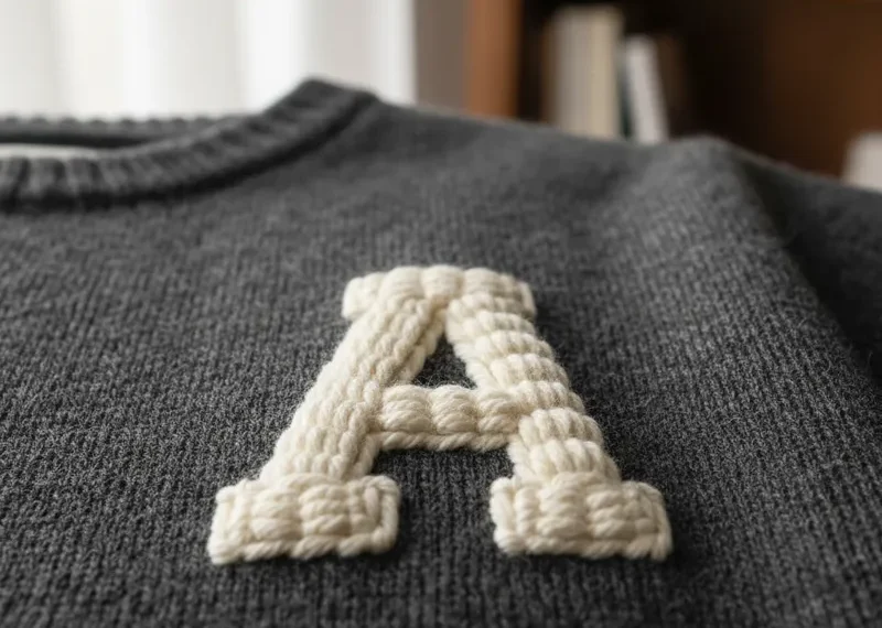Close-up of an elegantly embroidered letter 'A' in a classic serif font, stitched with golden thread on a white linen fabric, showcasing intricate detail and textured stitching.