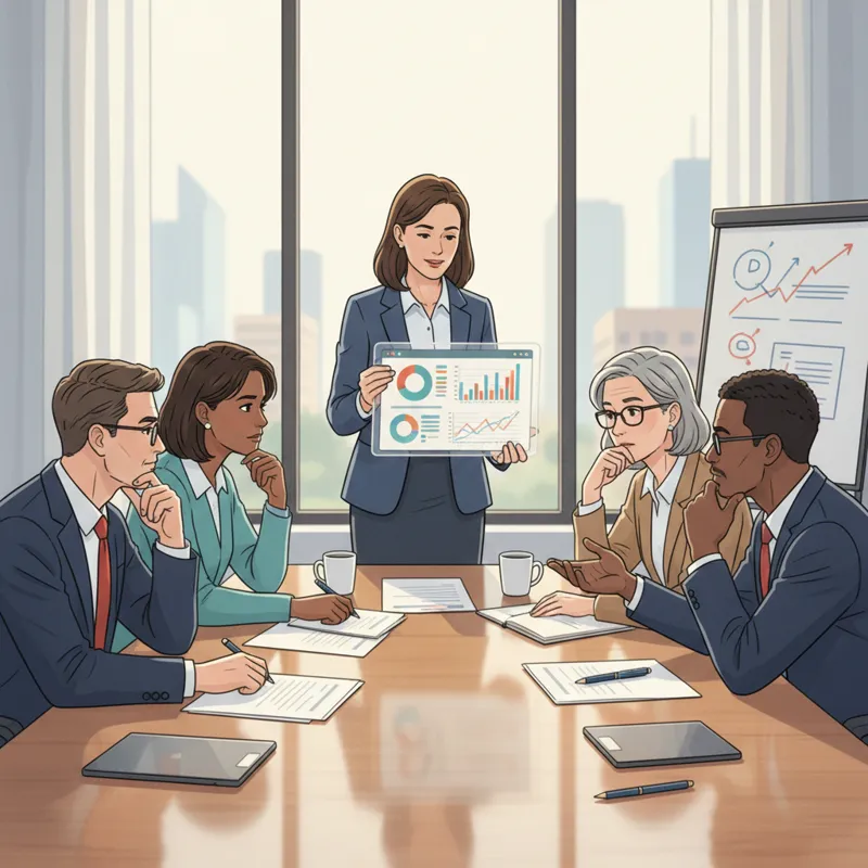 A diverse group of people sitting around a table, discussing financial planning with a professional, looking thoughtful and engaged. A chart or tablet