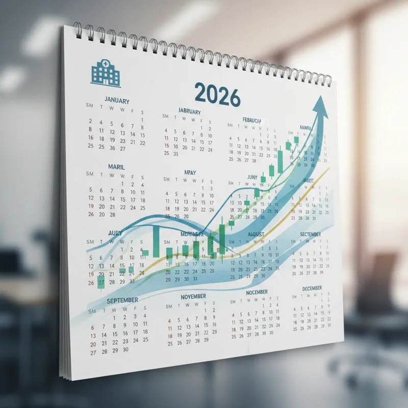 A calendar showing 2026, with financial graphs overlaying it, symbolizing forward-looking financial planning. A small hospital icon in the corner sugg