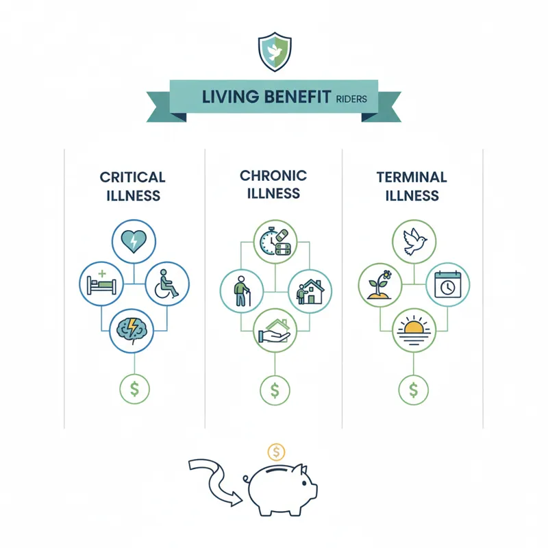 A clear infographic or diagram illustrating different types of living benefit riders like critical illness, chronic illness, and terminal illness, wit