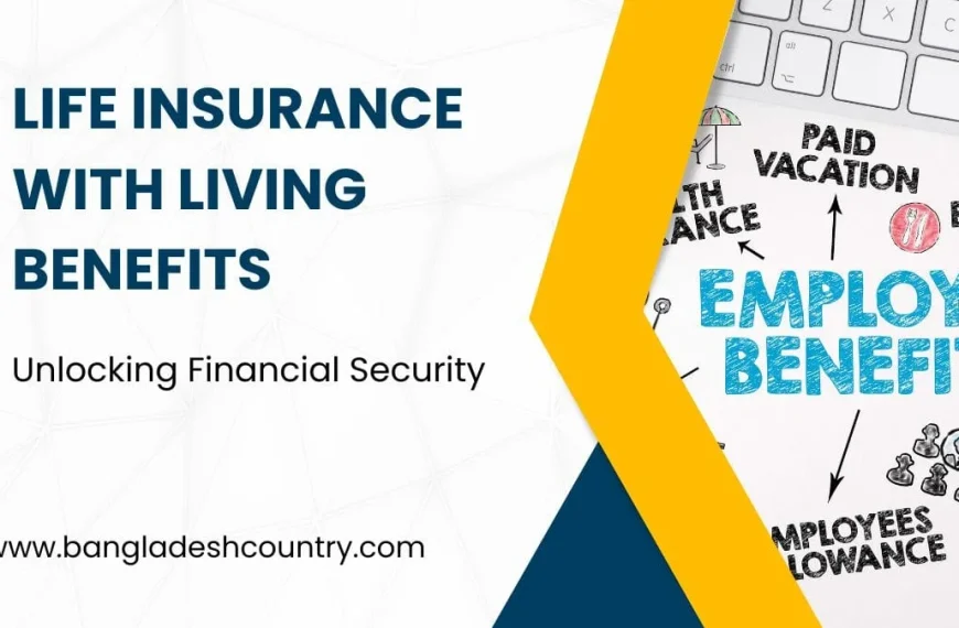 Promotional image detailing 'Life Insurance with Living Benefits' for 'Unlocking Financial Security,' alongside a diagram of 'Employee Benefits' including paid vacation, health insurance, and allowances.