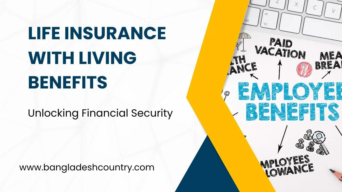 Promotional image detailing 'Life Insurance with Living Benefits' for 'Unlocking Financial Security,' alongside a diagram of 'Employee Benefits' including paid vacation, health insurance, and allowances.