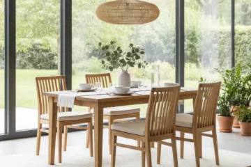 Modern light wood dining set with a rectangular table and four matching chairs, showcasing natural wood grain in a bright dining room.