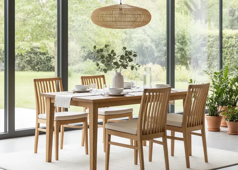 Modern light wood dining set with a rectangular table and four matching chairs, showcasing natural wood grain in a bright dining room.