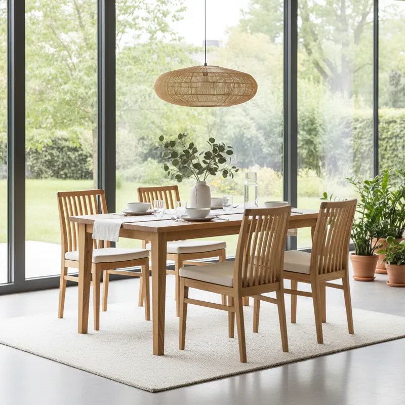 Modern light wood dining set with a rectangular table and four matching chairs, showcasing natural wood grain in a bright dining room.