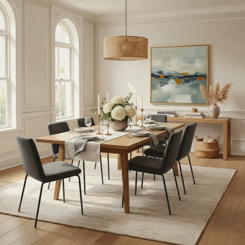 A beautifully set dining room featuring a light blonde wood rectangular dining table with six dark charcoal grey upholstered dining chairs. The room h