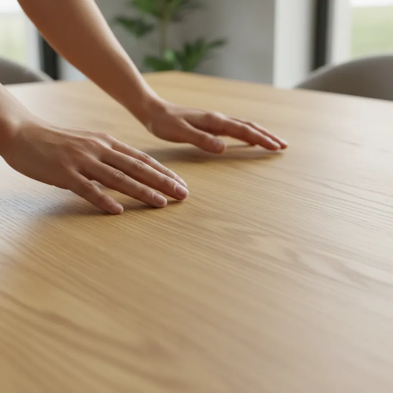 Close-up of a smooth, light natural oak dining table surface showing its subtle grain, with hands gently running over it.