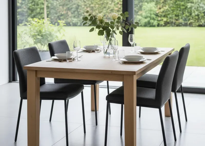 A modern light wood dining table surrounded by dark chairs, showcasing a stylish and contrasting design.