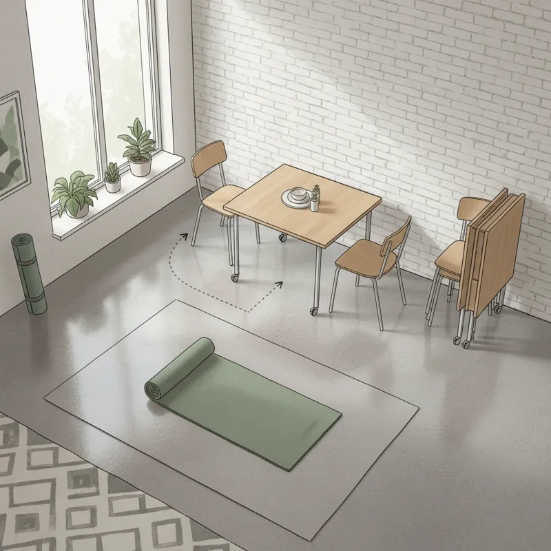 A top-down view of a lightweight dining table in a small apartment, showing how it can be easily moved to create space for a yoga mat or shifted again