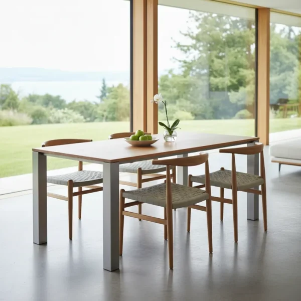 A modern lightweight dining table with a light wood top and slender metal legs, surrounded by four matching chairs, set in a bright, minimalist dining area. Ideal for small apartments or flexible living spaces.