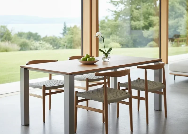 A modern lightweight dining table with a light wood top and slender metal legs, surrounded by four matching chairs, set in a bright, minimalist dining area. Ideal for small apartments or flexible living spaces.